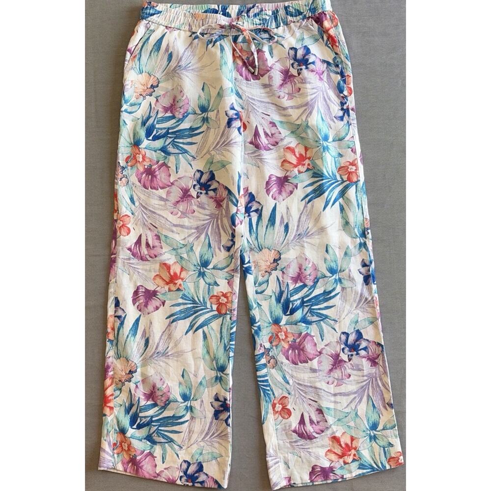 Tommy Bahama Wide Leg Pants Women Size SP Floral 100% Linen Drawstrings Small